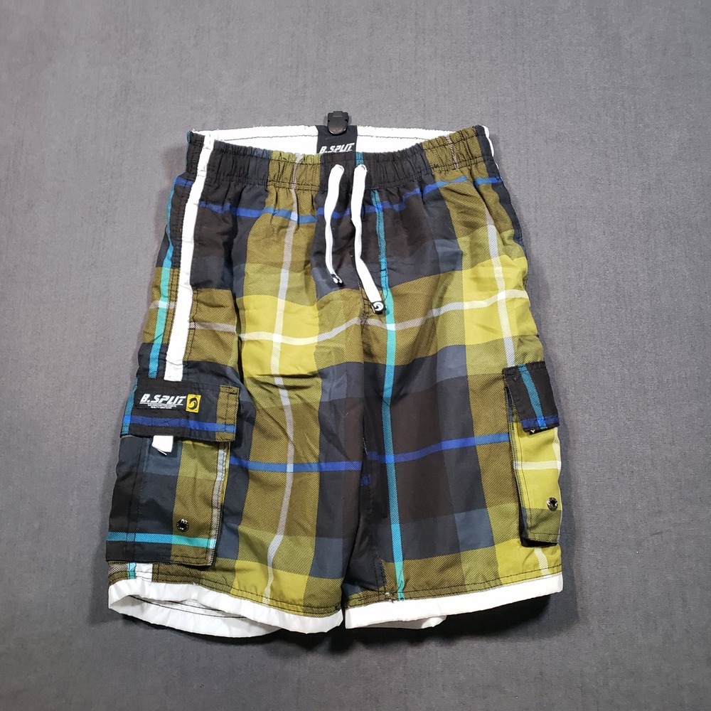 B.Split Board Shorts Mens M Green Plaid Cargo Swim Trunks Mesh Lined